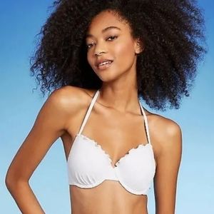 NEW Shade & Shore Bra Halter Bikini Top 36DD White Ruffled Lightly Lined Beachy